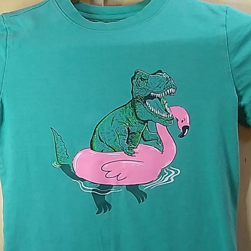 Cat & Jack Boys 6/7 small shirt Teal & Pink w Dinosaur 60% cotton 40% polyester - Picture 2 of 5